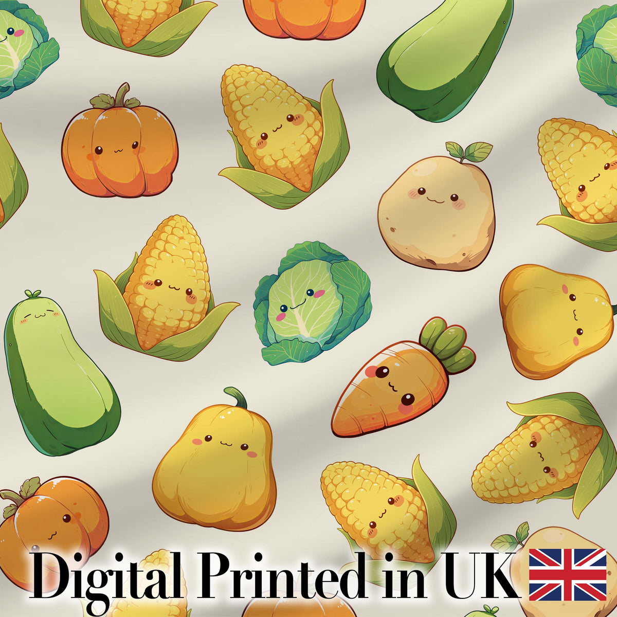 Cute Kawaii Autumn Vegetables Corn Pumpkin Carrot Beige Seamless Pattern Digital Print Fabric by the Metre UK Sewing Quilting Textile
