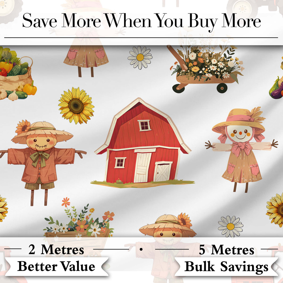 Cute Farm Barn Scarecrow Sunflower Flowers Seamless Pattern Digital Print Fabric by the Metre UK Sewing Quilting Textile