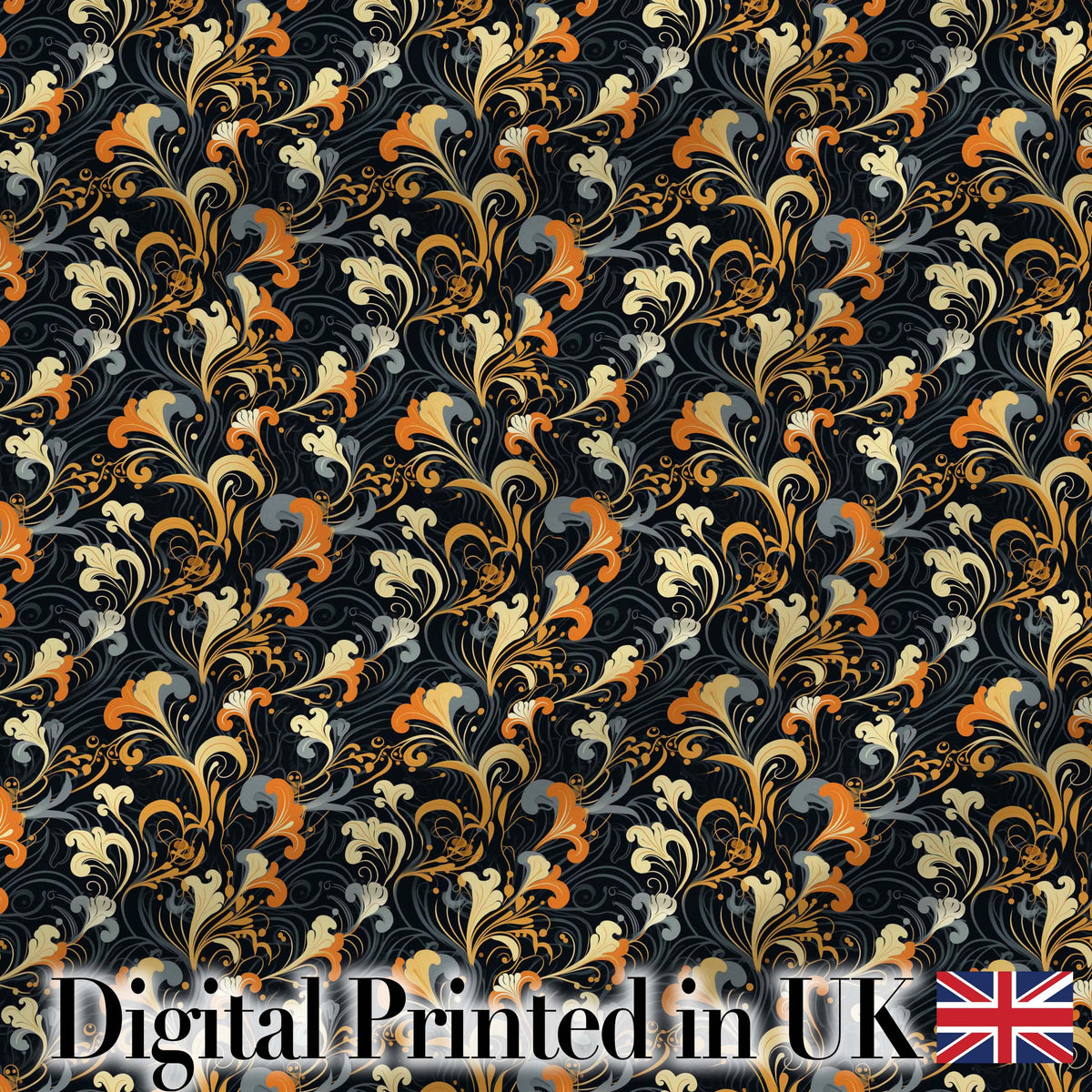 Elegant Orange Gold Floral Vine Dark Background Seamless Pattern Digital Print Fabric by the Metre UK Sewing Quilting Textile