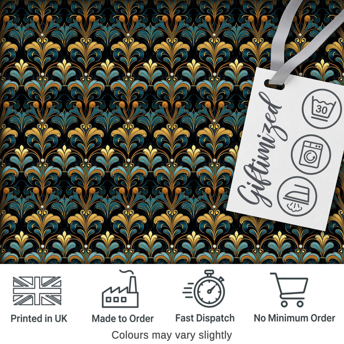 Luxury Teal Gold Ornate Damask Seamless Pattern Digital Print Fabric by the Metre UK Sewing Quilting Textile
