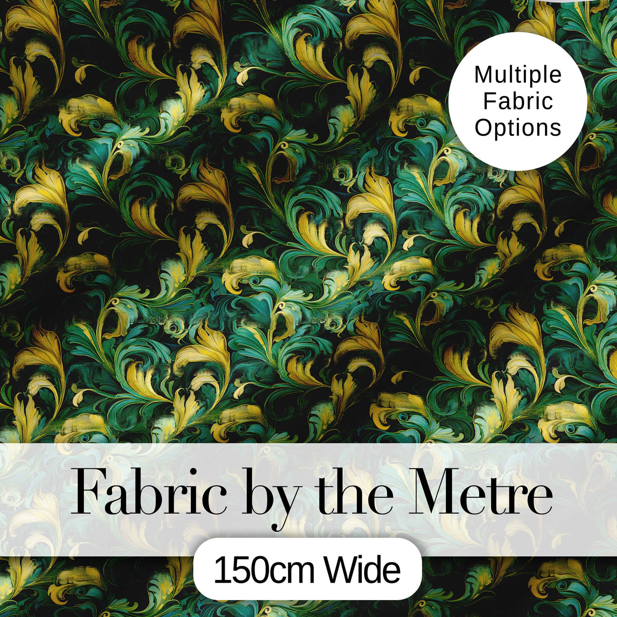 Deep Green Gold Leaf Swirl Seamless Pattern Digital Print Fabric by the Metre UK Sewing Quilting Textile