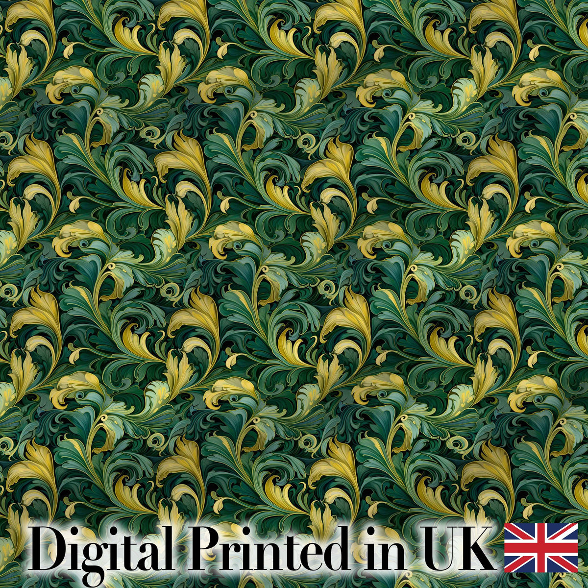 Deep Green Gold Leaf Swirl Seamless Pattern Digital Print Fabric by the Metre UK Sewing Quilting Textile