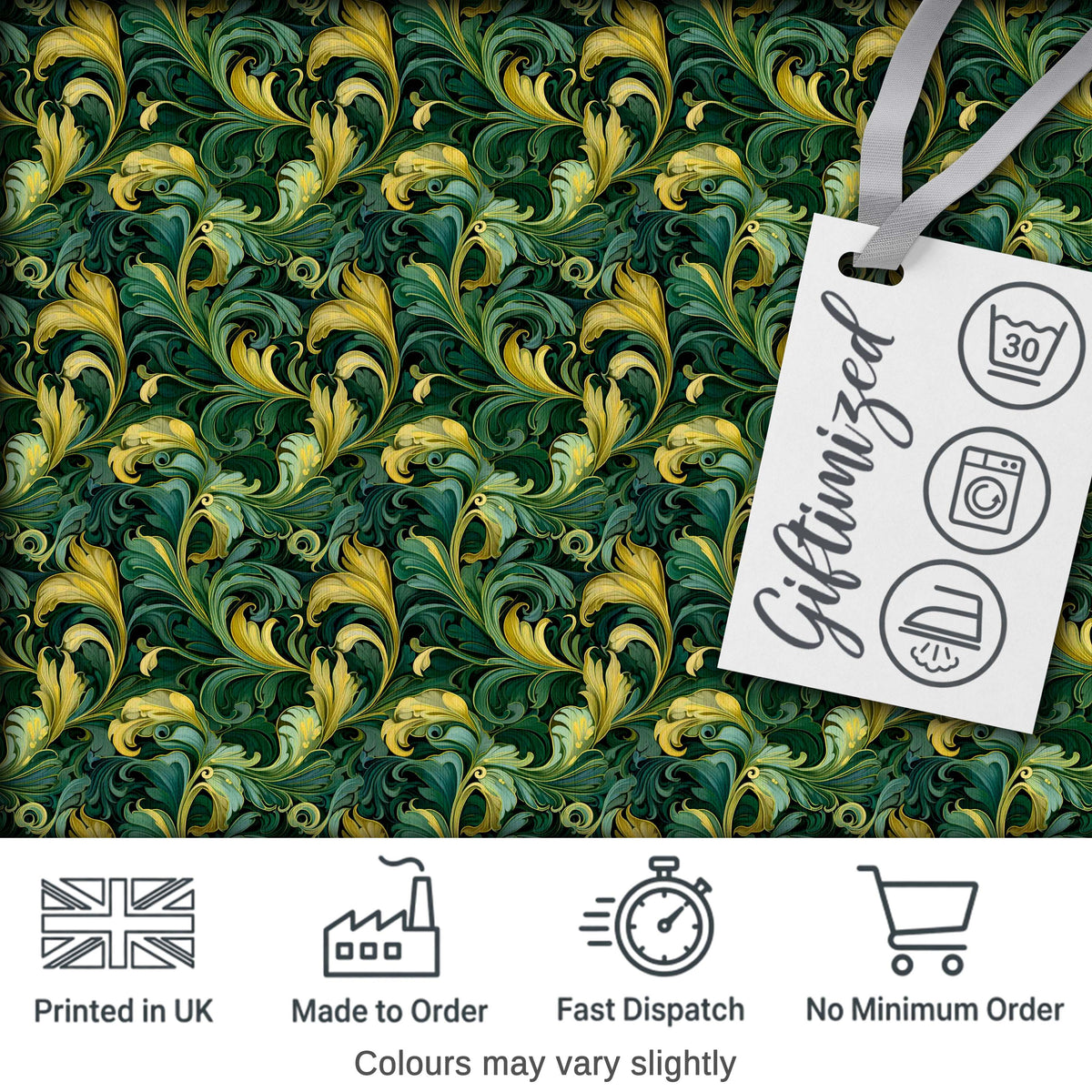 Deep Green Gold Leaf Swirl Seamless Pattern Digital Print Fabric by the Metre UK Sewing Quilting Textile