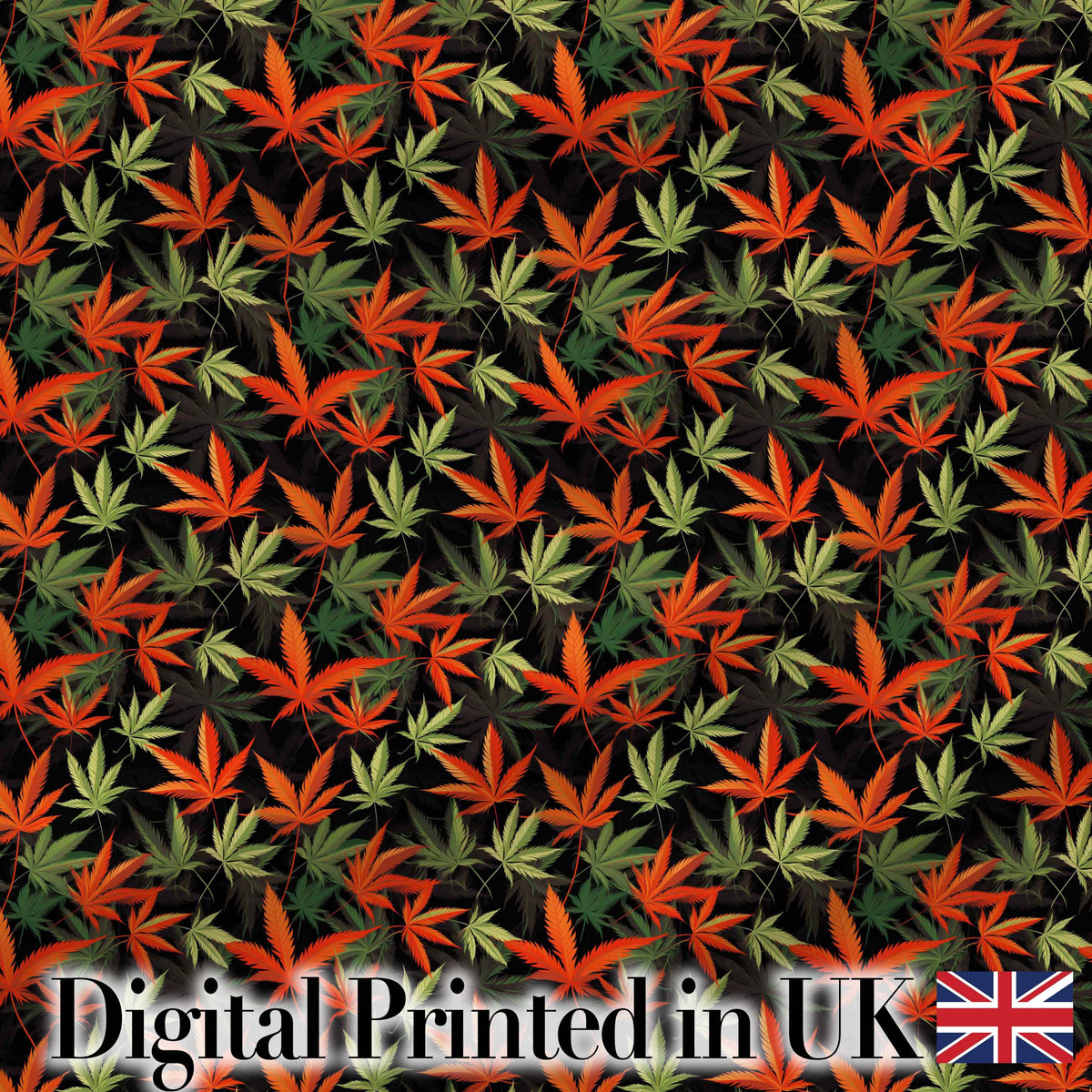 Autumn Red and Green Cannabis Leaves Dense Seamless Pattern Digital Print Fabric by the Metre UK Sewing Quilting Textile