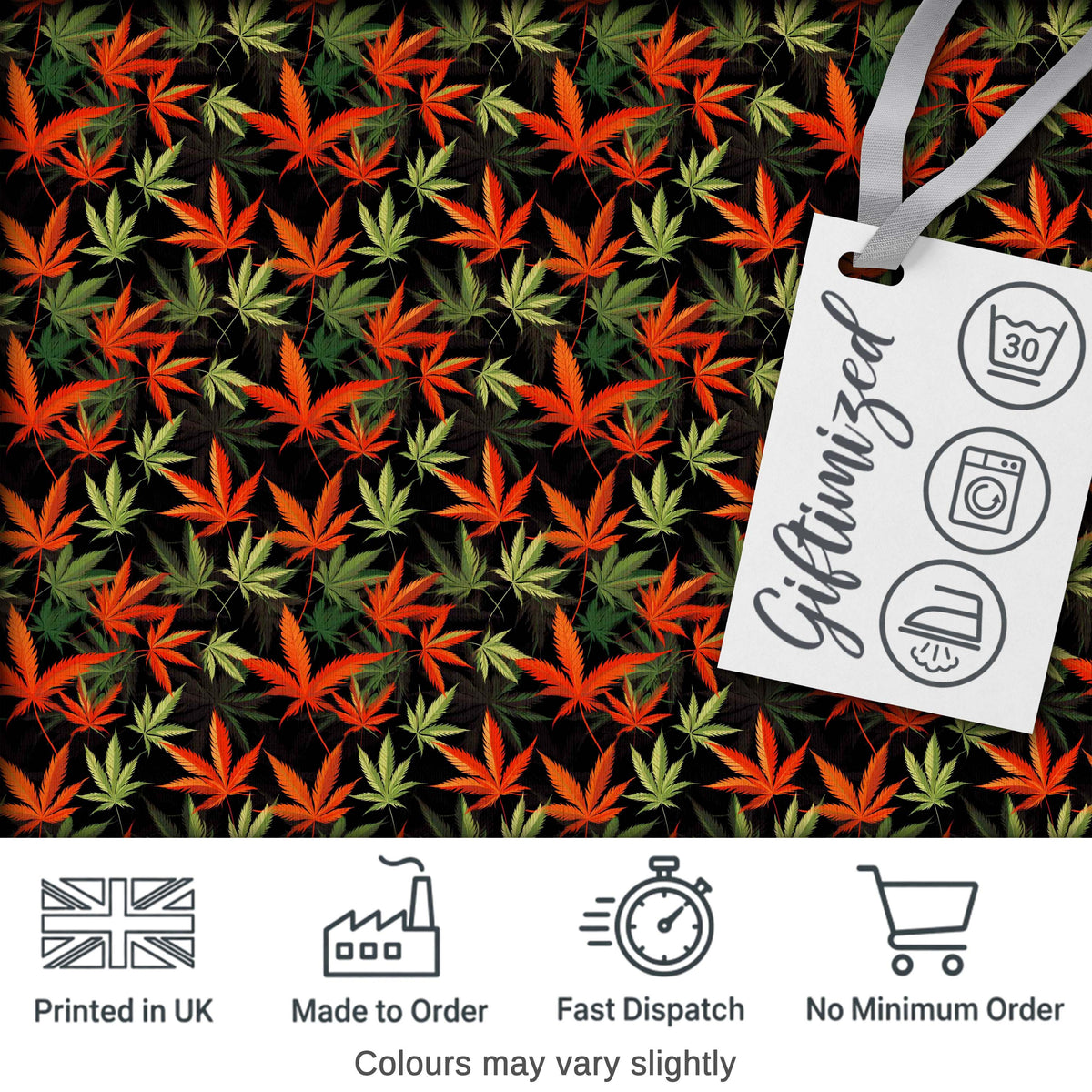 Autumn Red and Green Cannabis Leaves Dense Seamless Pattern Digital Print Fabric by the Metre UK Sewing Quilting Textile