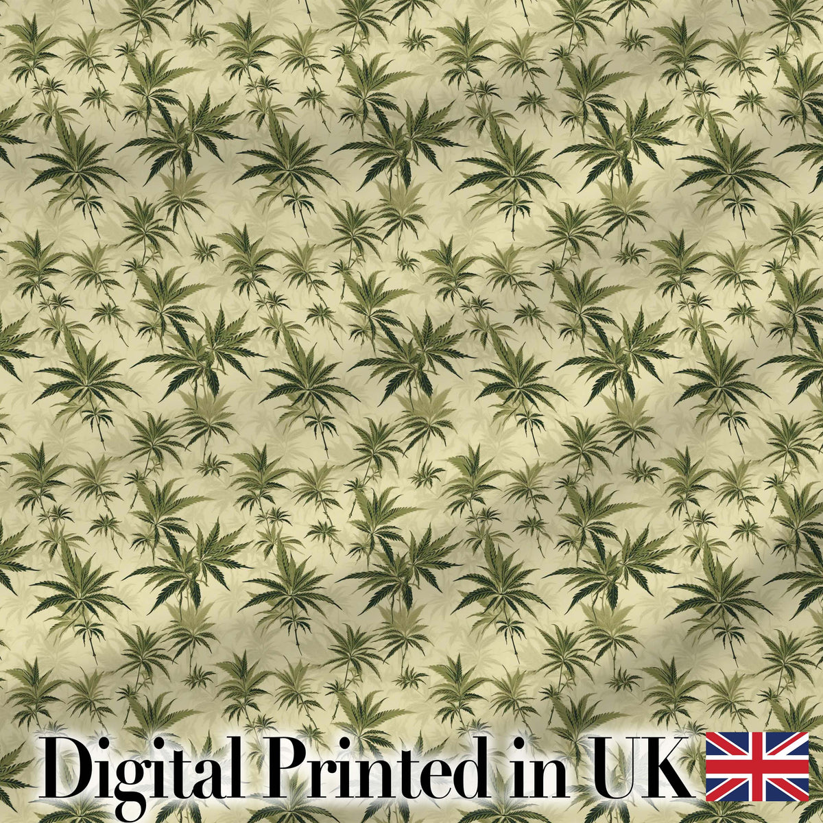 Vintage Olive Green Cannabis Leaves on Beige Seamless Pattern Digital Print Fabric by the Metre UK Sewing Quilting Textile