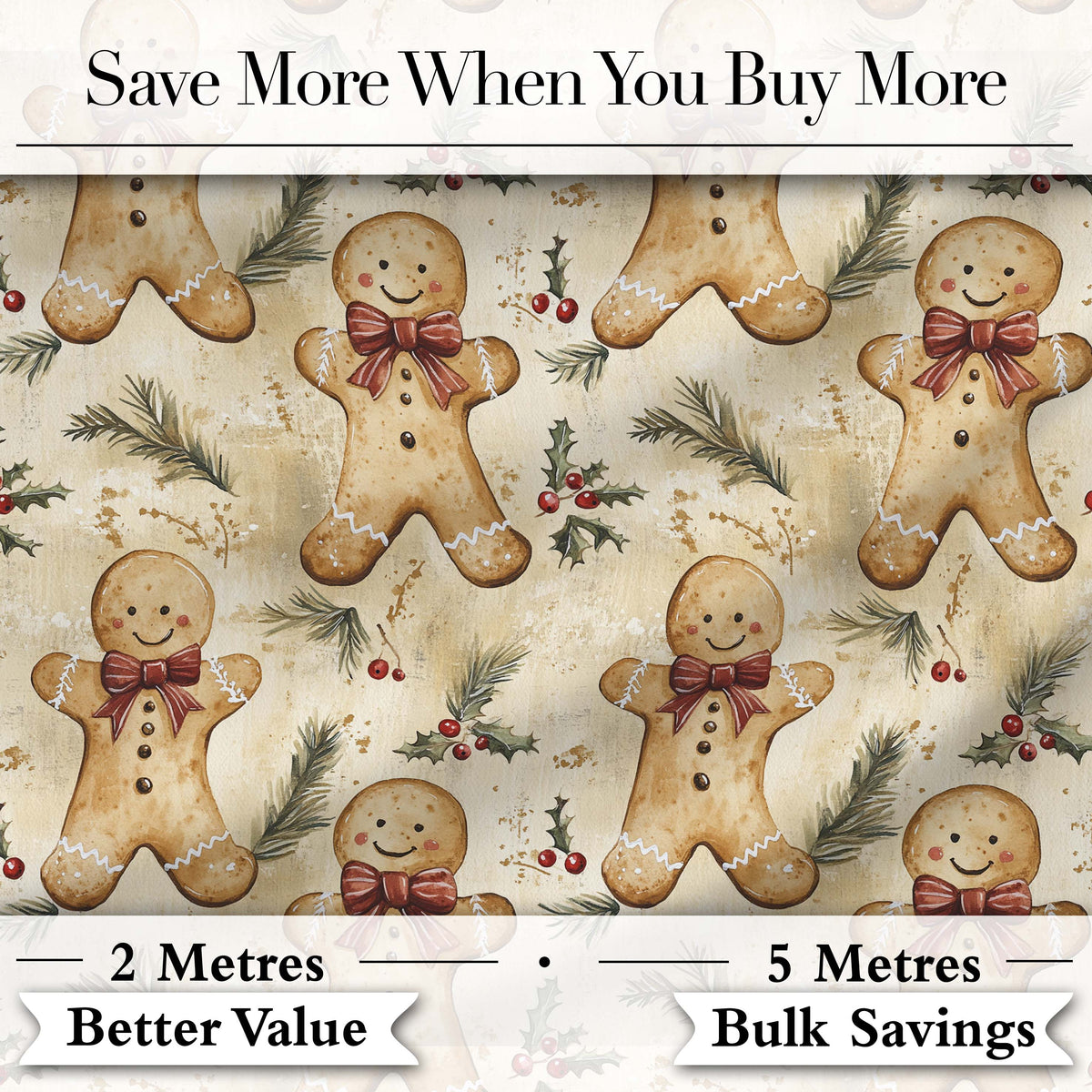 Vintage Gingerbread Men with Bows and Pine Branches Seamless Pattern Digital Print Fabric by the Metre UK Sewing Quilting Textile
