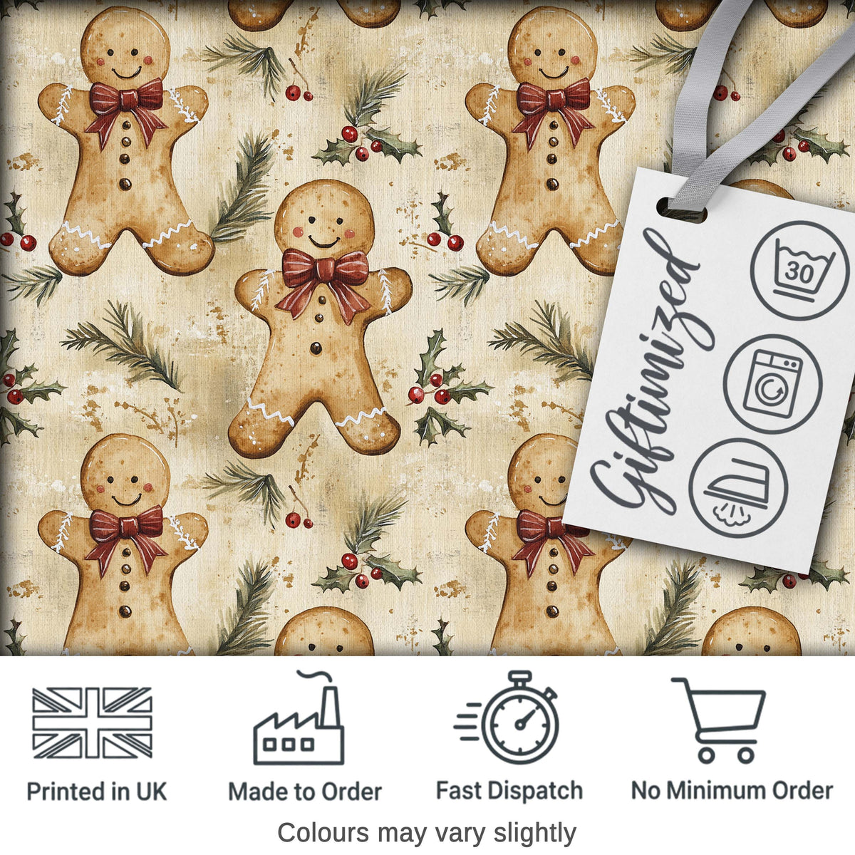 Vintage Gingerbread Men with Bows and Pine Branches Seamless Pattern Digital Print Fabric by the Metre UK Sewing Quilting Textile