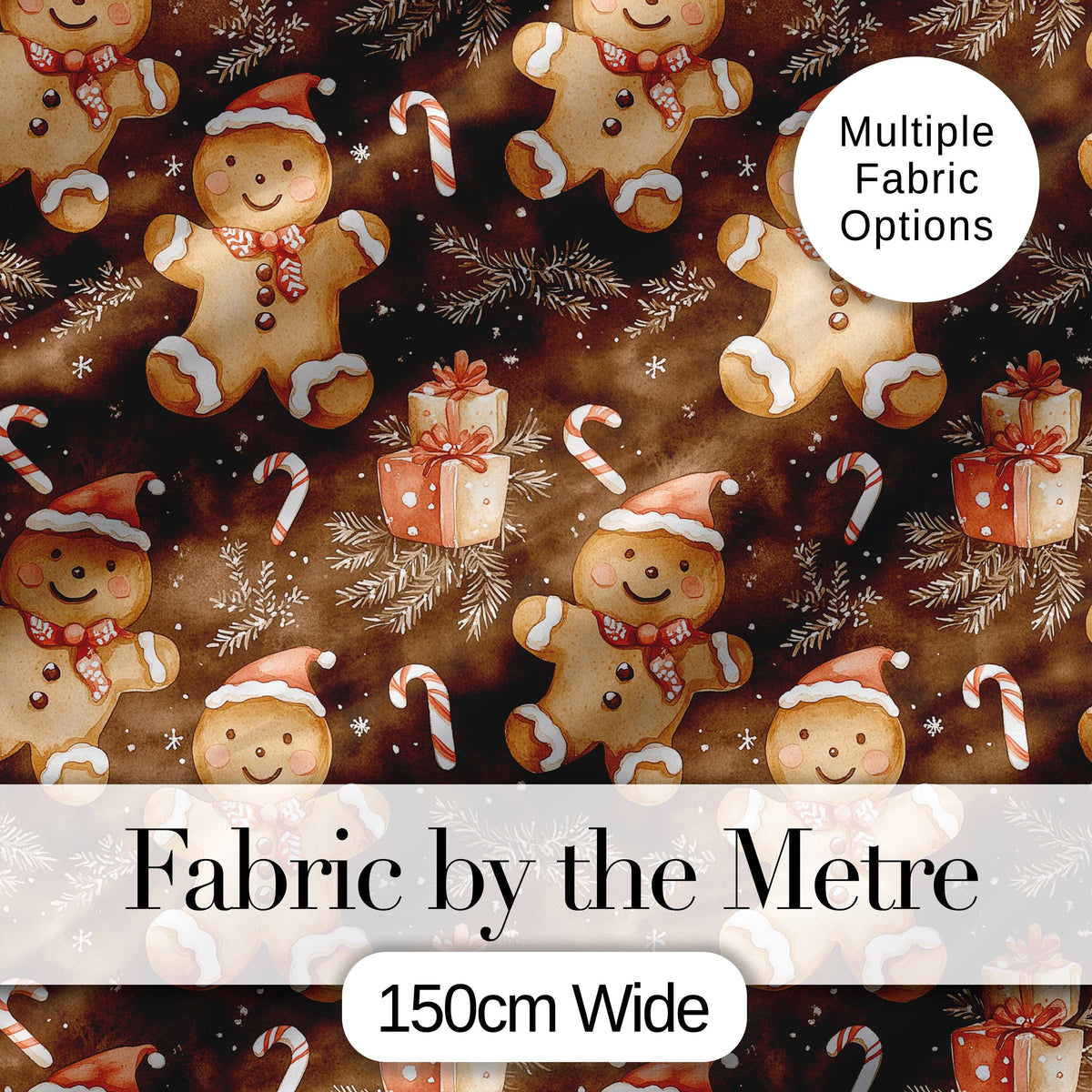 Gingerbread Men with Santa Hats and Gifts Seamless Pattern Digital Print Fabric by the Metre UK Sewing Quilting Textile