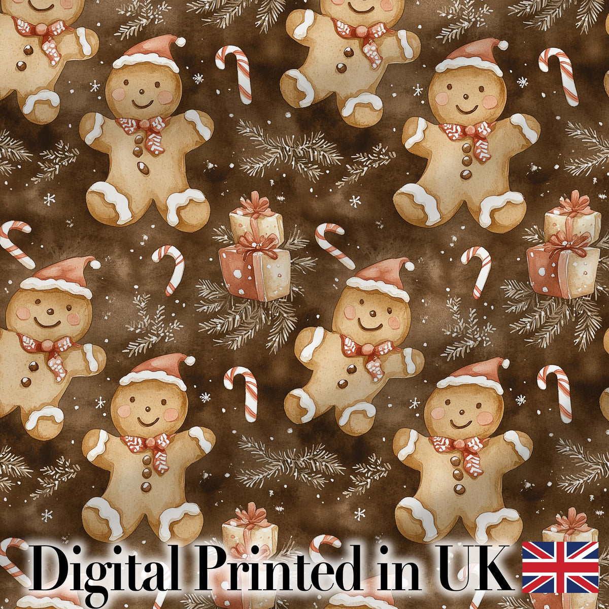 Gingerbread Men with Santa Hats and Gifts Seamless Pattern Digital Print Fabric by the Metre UK Sewing Quilting Textile