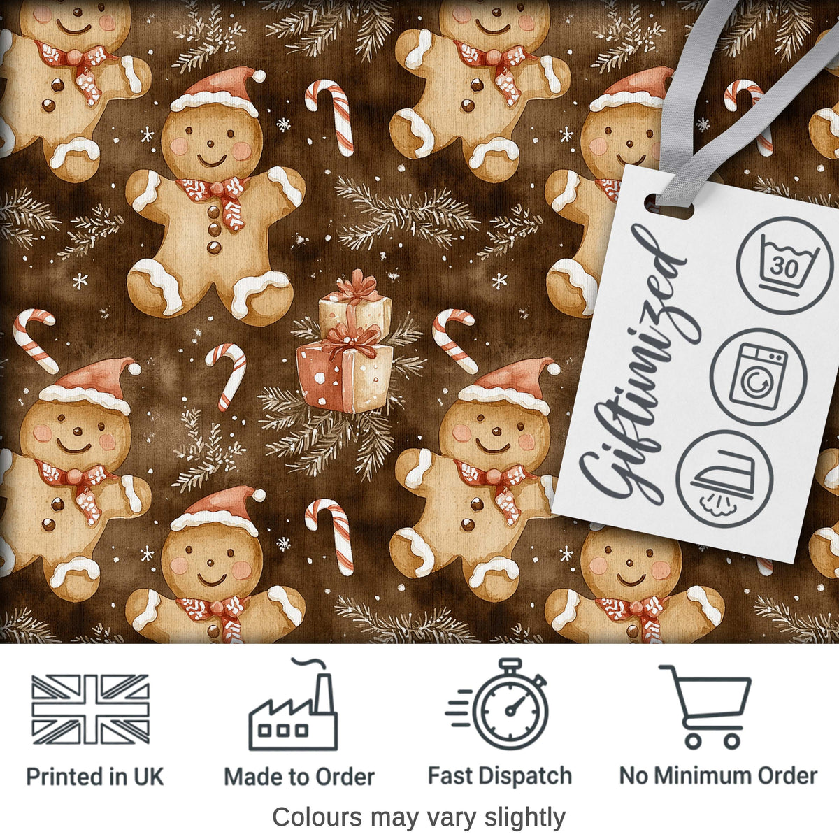 Gingerbread Men with Santa Hats and Gifts Seamless Pattern Digital Print Fabric by the Metre UK Sewing Quilting Textile