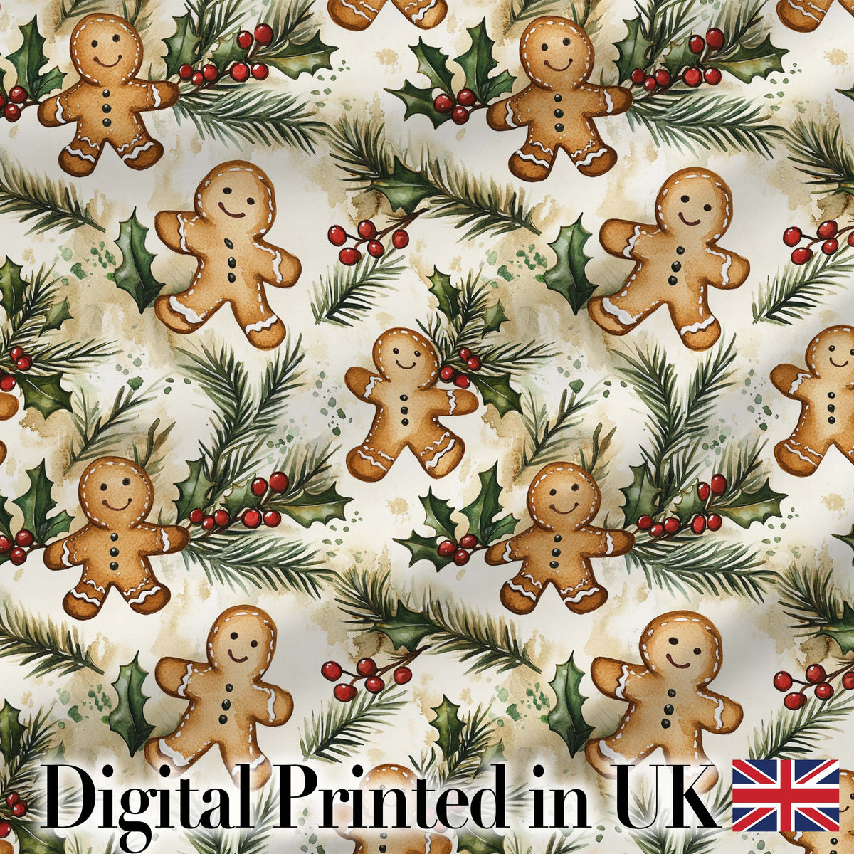 Cute Gingerbread Cookies with Holly and Pine Branches Seamless Pattern Digital Print Fabric by the Metre UK Sewing Quilting Textile