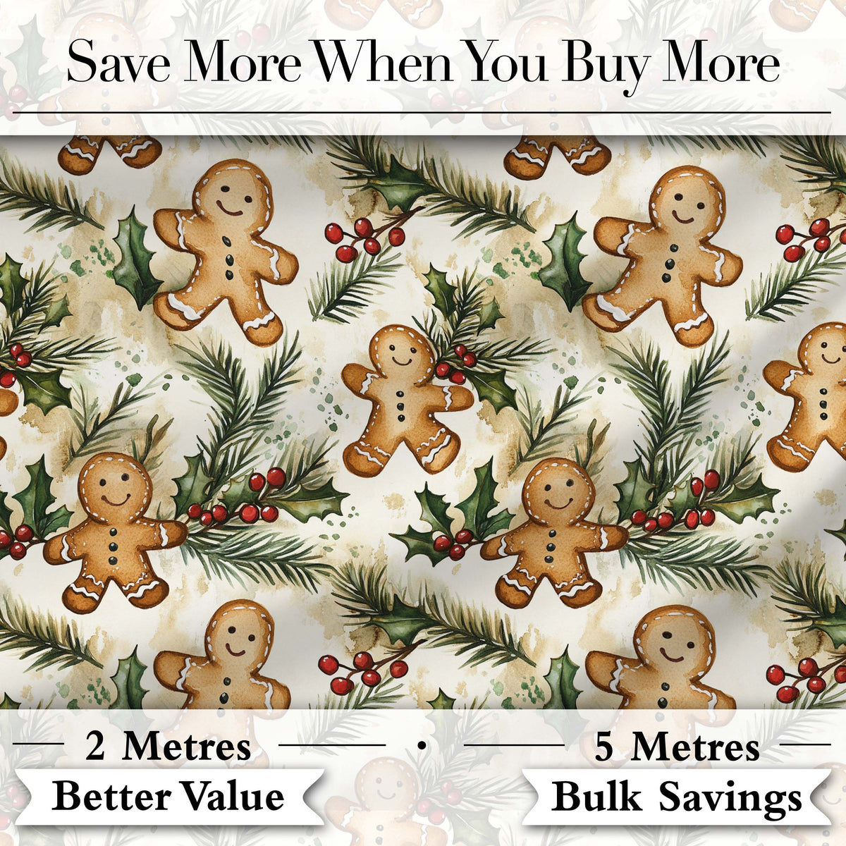 Cute Gingerbread Cookies with Holly and Pine Branches Seamless Pattern Digital Print Fabric by the Metre UK Sewing Quilting Textile