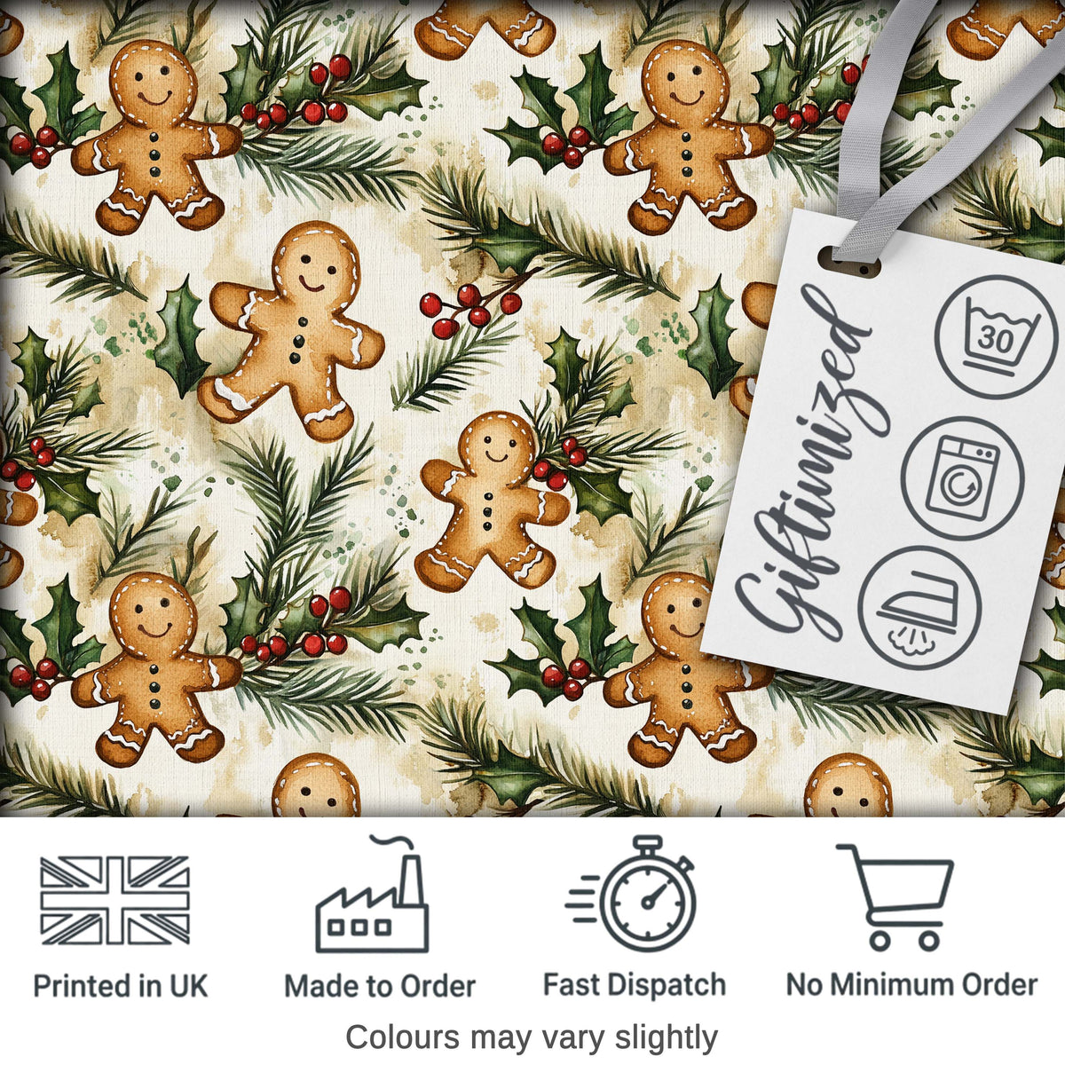 Cute Gingerbread Cookies with Holly and Pine Branches Seamless Pattern Digital Print Fabric by the Metre UK Sewing Quilting Textile