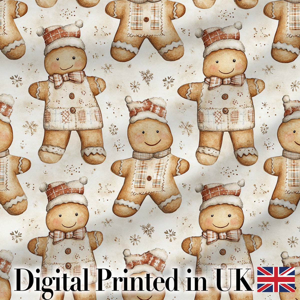 Cute Gingerbread Dolls in Winter Outfit Seamless Pattern Digital Print Fabric by the Metre UK Sewing Quilting Textile