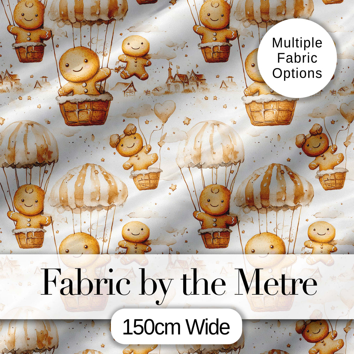 Cute Gingerbread Characters in Hot Air Balloons Seamless Pattern Digital Print Fabric by the Metre UK Sewing Quilting Textile