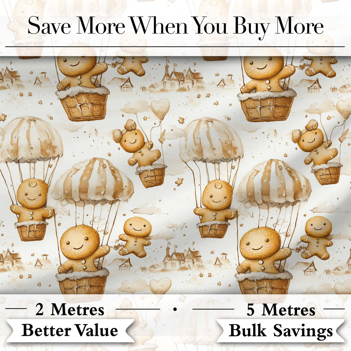 Cute Gingerbread Characters in Hot Air Balloons Seamless Pattern Digital Print Fabric by the Metre UK Sewing Quilting Textile