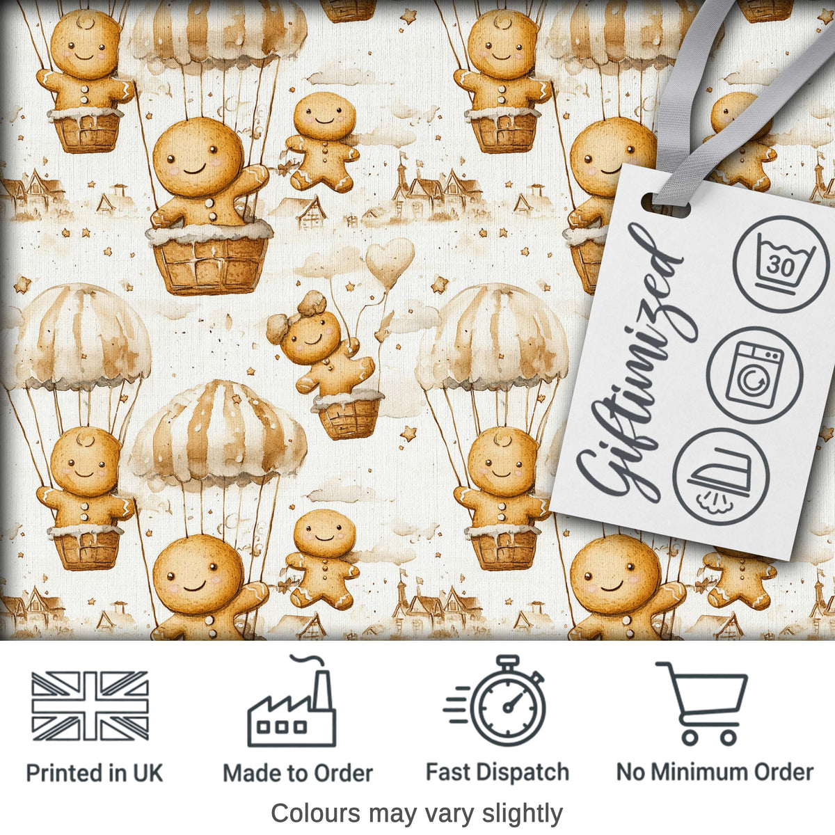 Cute Gingerbread Characters in Hot Air Balloons Seamless Pattern Digital Print Fabric by the Metre UK Sewing Quilting Textile