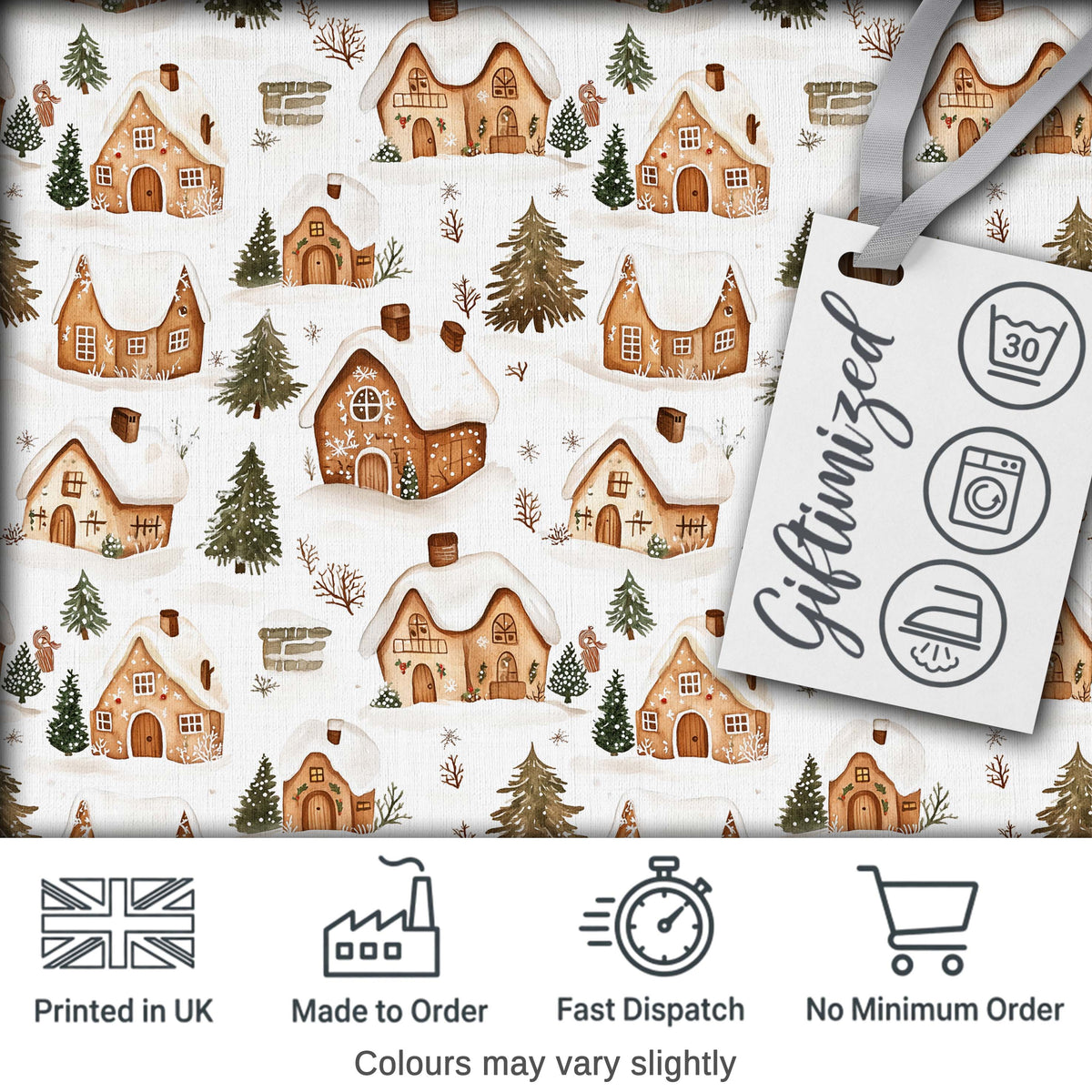 Cute Winter Village Gingerbread Houses Seamless Pattern Digital Print Fabric by the Metre UK Sewing Quilting Textile