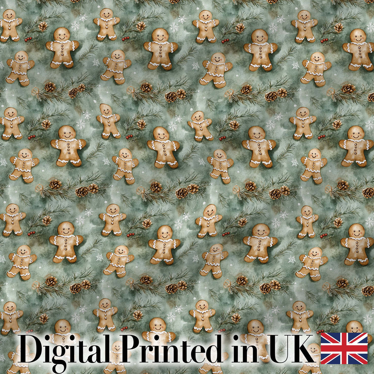 Cute Gingerbread Cookies with Pinecones and Snowflakes Seamless Pattern Digital Print Fabric by the Metre UK Sewing Quilting Textile