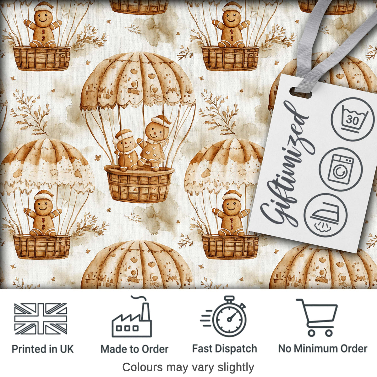 Cute Gingerbread Friends in Hot Air Balloons Vintage Style Seamless Pattern Digital Print Fabric by the Metre UK Sewing Quilting Textile