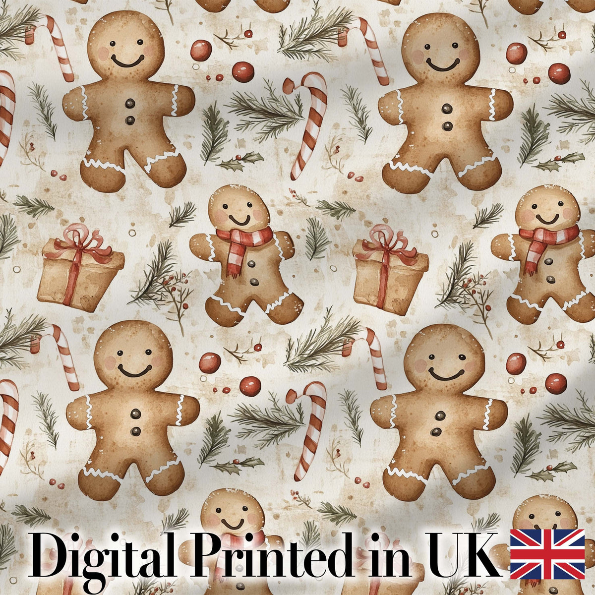 Cute Gingerbread Cookies with Candy Canes and Gifts Seamless Pattern Digital Print Fabric by the Metre UK Sewing Quilting Textile