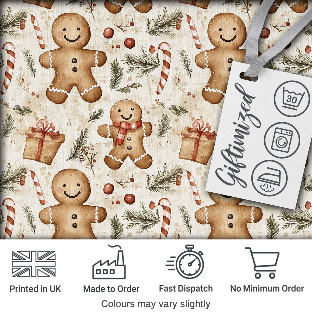 Cute Gingerbread Cookies with Candy Canes and Gifts Seamless Pattern Digital Print Fabric by the Metre UK Sewing Quilting Textile