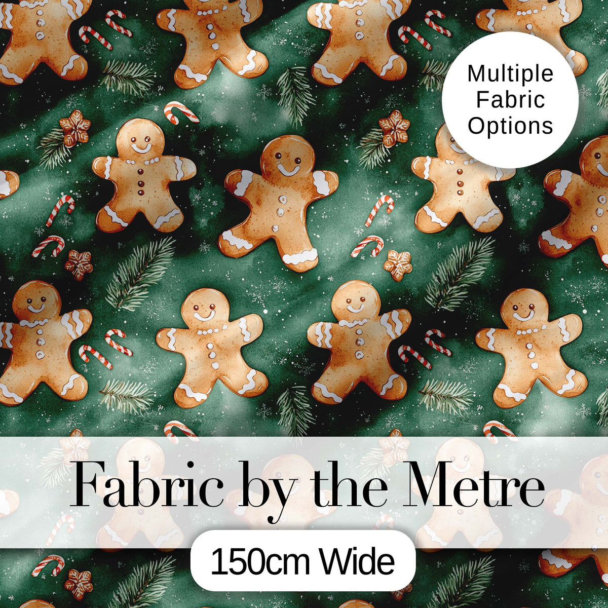 Cute Gingerbread Cookies on Green Festive Background Seamless Pattern Digital Print Fabric by the Metre UK Sewing Quilting Textile