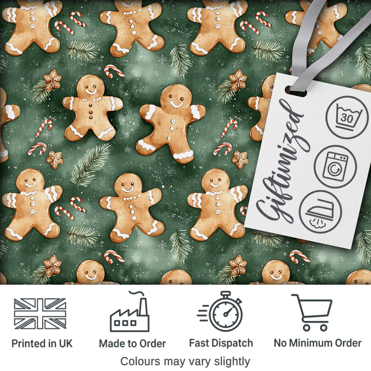 Cute Gingerbread Cookies on Green Festive Background Seamless Pattern Digital Print Fabric by the Metre UK Sewing Quilting Textile