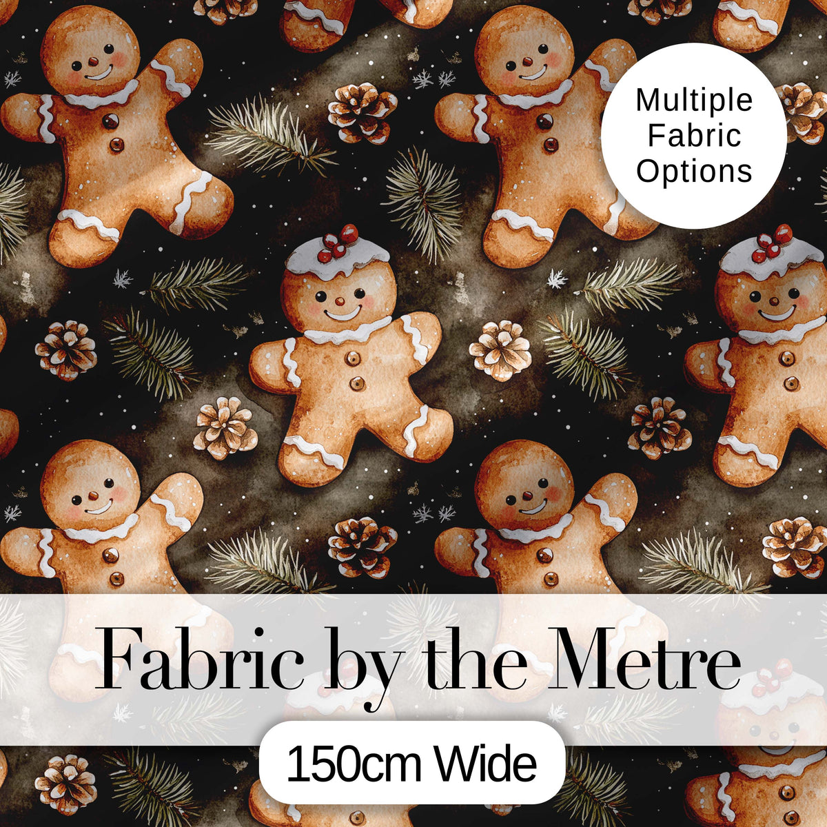 Cute Gingerbread Cookies with Pinecones and Fir Branches Seamless Pattern Digital Print Fabric by the Metre UK Sewing Quilting Textile