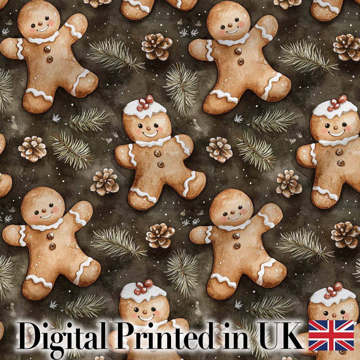Cute Gingerbread Cookies with Pinecones and Fir Branches Seamless Pattern Digital Print Fabric by the Metre UK Sewing Quilting Textile