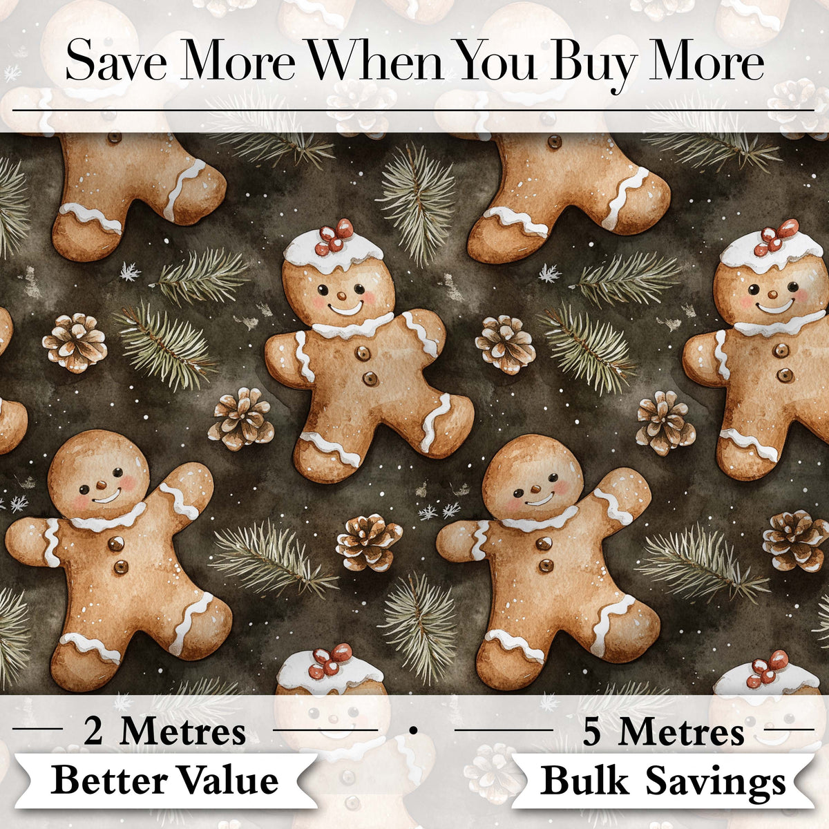 Cute Gingerbread Cookies with Pinecones and Fir Branches Seamless Pattern Digital Print Fabric by the Metre UK Sewing Quilting Textile