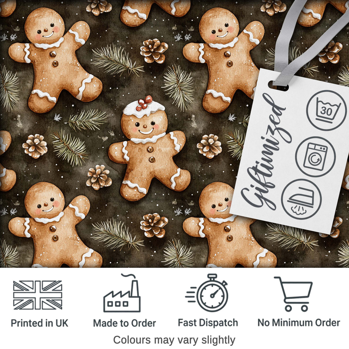 Cute Gingerbread Cookies with Pinecones and Fir Branches Seamless Pattern Digital Print Fabric by the Metre UK Sewing Quilting Textile
