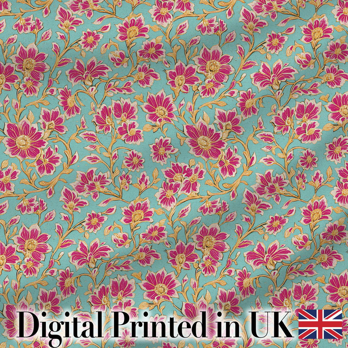 Vintage Floral Vine Pattern with Pink Blossoms on Blue Seamless Pattern Digital Print Fabric by the Metre UK Sewing Quilting Textile