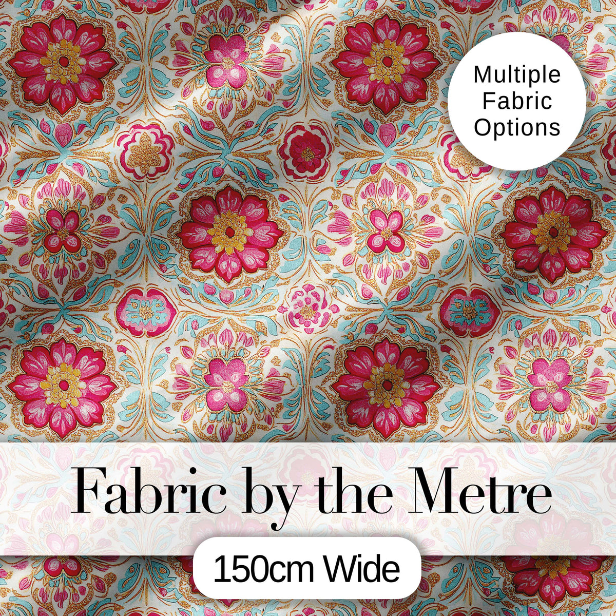 Vintage Floral Medallion Pattern with Pink Blooms and Teal Leaves Seamless Digital Print Fabric by the Metre UK Sewing Quilting Textile