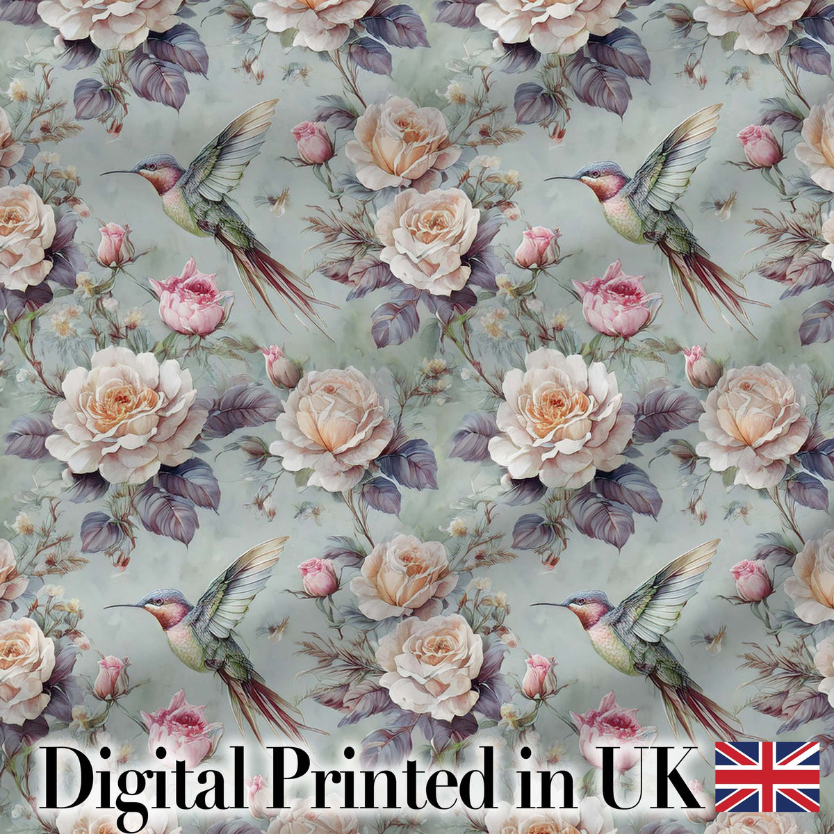 Elegant Hummingbird with Roses Soft Pastel Floral Seamless Pattern Digital Print Fabric by the Metre UK Sewing Quilting Textile