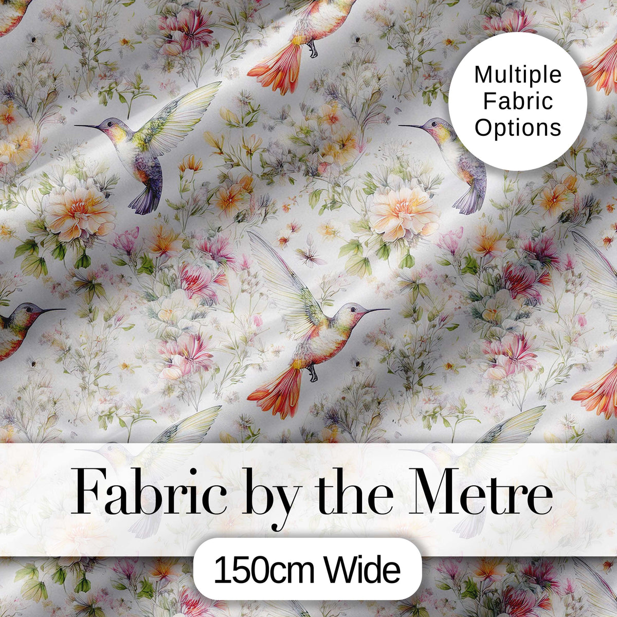 Soft Watercolor Hummingbird with Wildflowers Seamless Pattern Digital Print Fabric by the Metre UK Sewing Quilting Textile