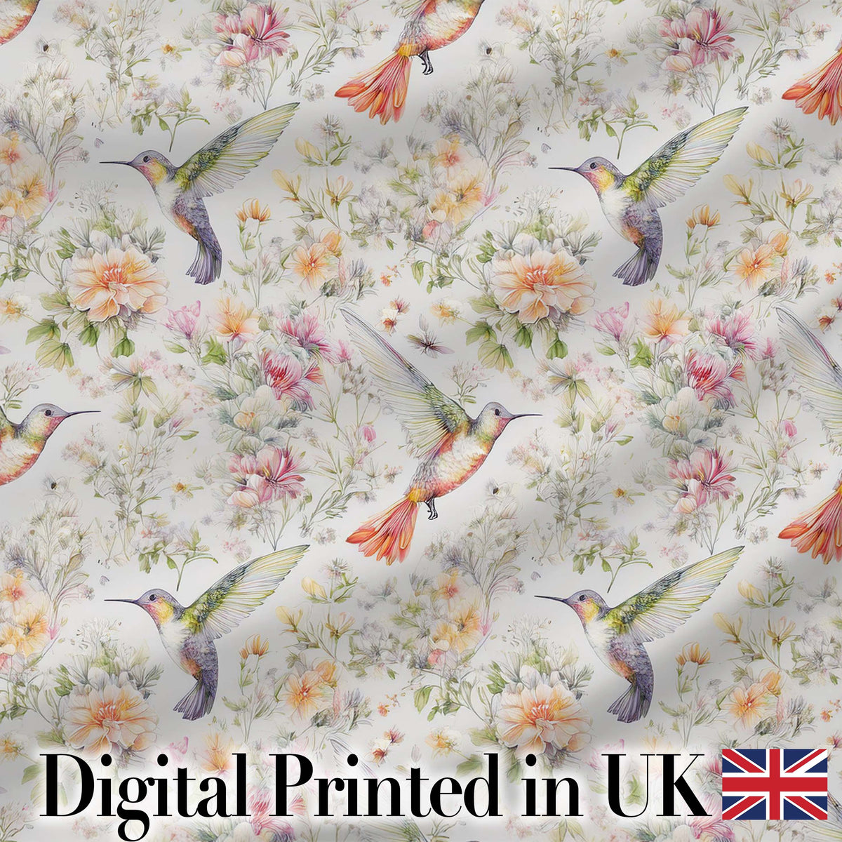 Soft Watercolor Hummingbird with Wildflowers Seamless Pattern Digital Print Fabric by the Metre UK Sewing Quilting Textile