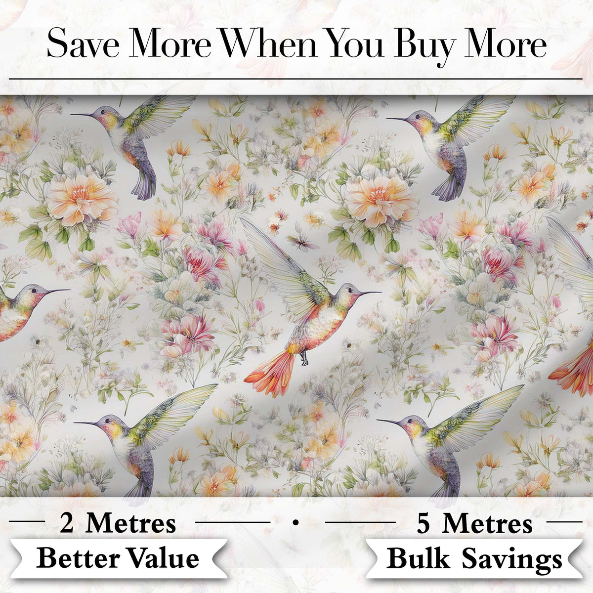 Soft Watercolor Hummingbird with Wildflowers Seamless Pattern Digital Print Fabric by the Metre UK Sewing Quilting Textile