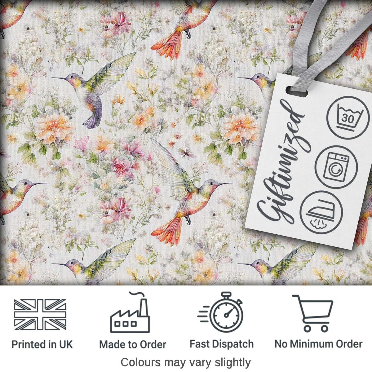 Soft Watercolor Hummingbird with Wildflowers Seamless Pattern Digital Print Fabric by the Metre UK Sewing Quilting Textile