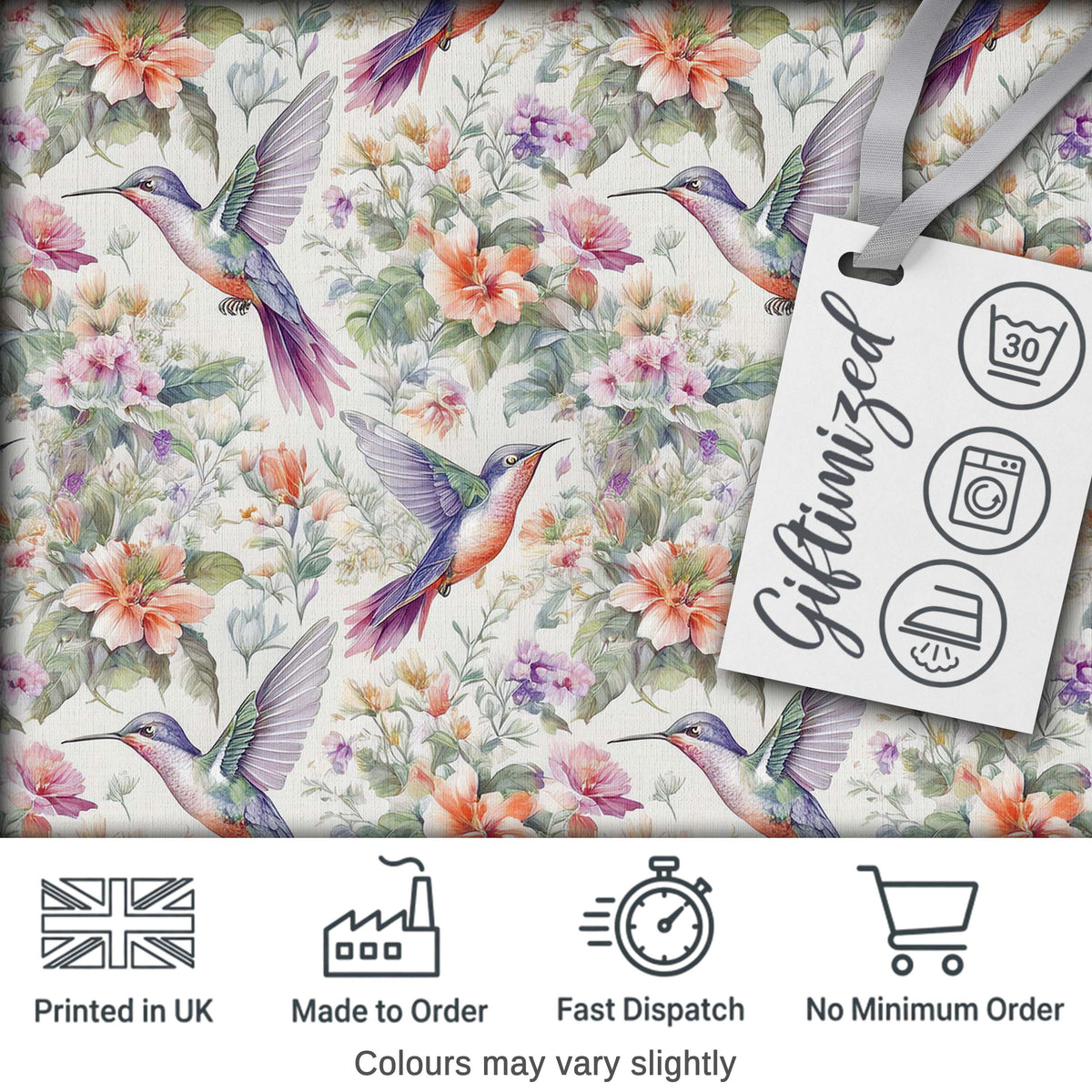 Colorful Hummingbird with Wildflower Garden Seamless Pattern Digital Print Fabric by the Metre UK Sewing Quilting Textile