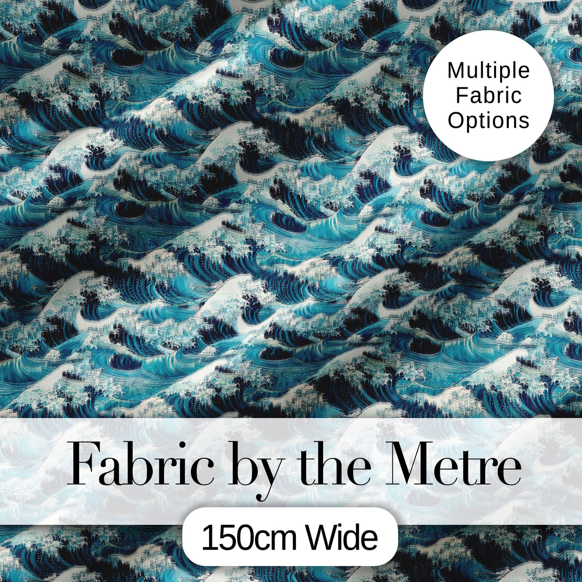 Blue Ocean Waves Japanese Inspired Seamless Pattern Digital Print Fabric by the Metre UK Sewing Quilting Textile