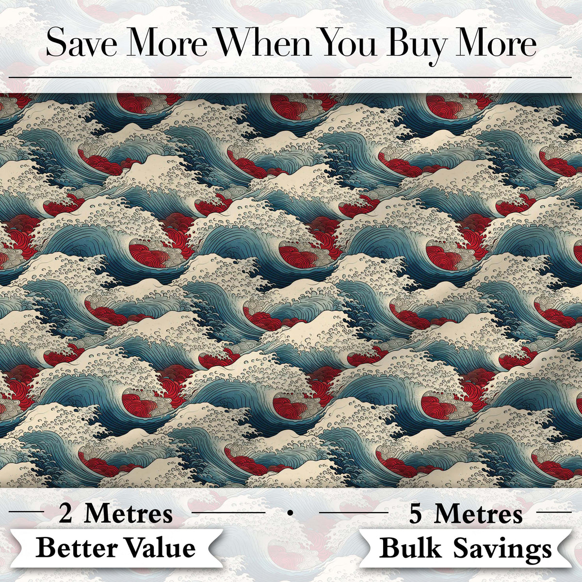 Japanese Ocean Waves with Red Accents Seamless Pattern Digital Print Fabric by the Metre UK Sewing Quilting Textile