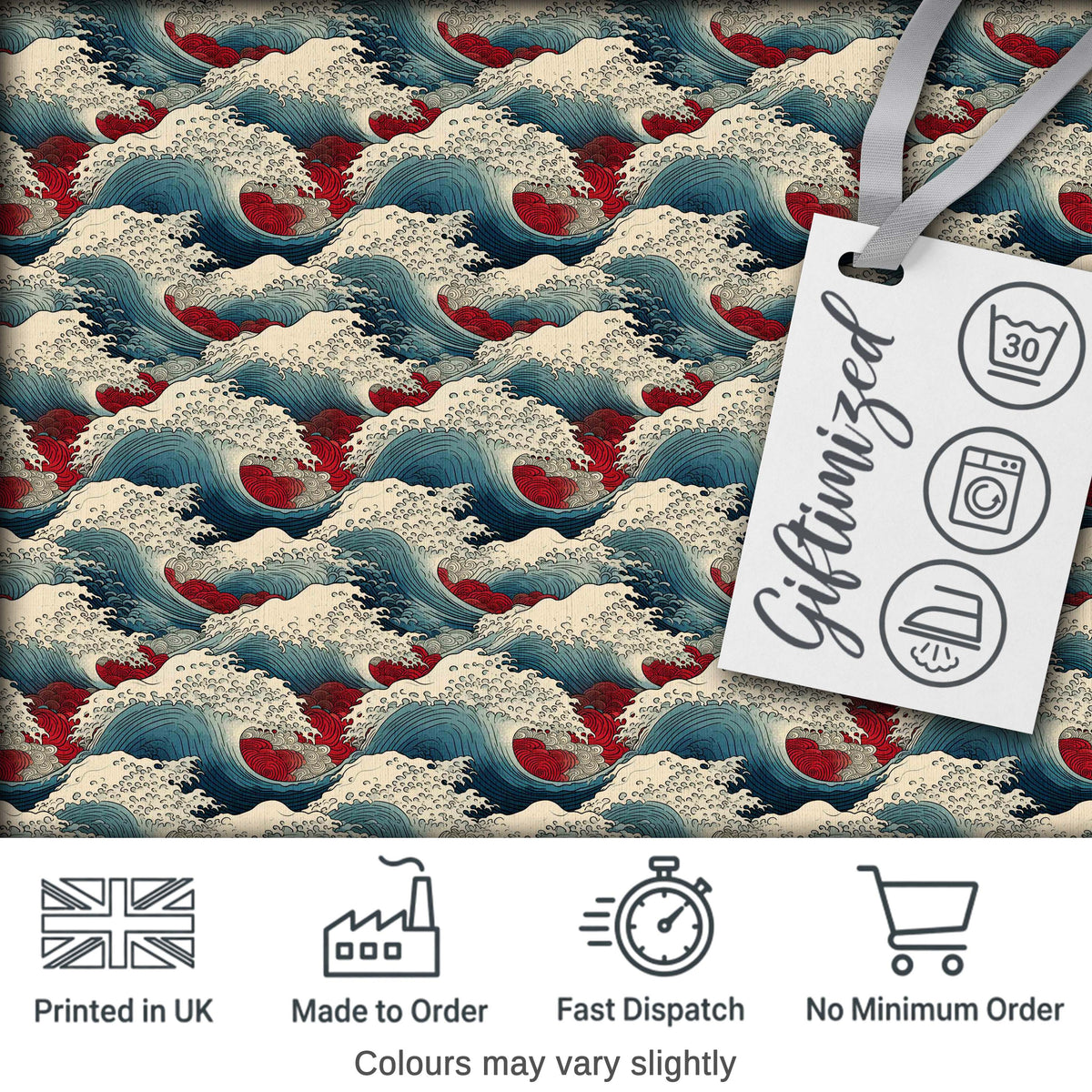 Japanese Ocean Waves with Red Accents Seamless Pattern Digital Print Fabric by the Metre UK Sewing Quilting Textile