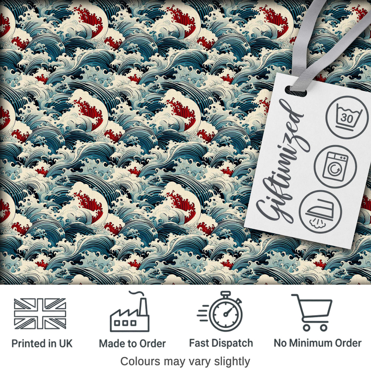 Traditional Japanese Wave Art with Red Details Seamless Pattern Digital Print Fabric by the Metre UK Sewing Quilting Textile