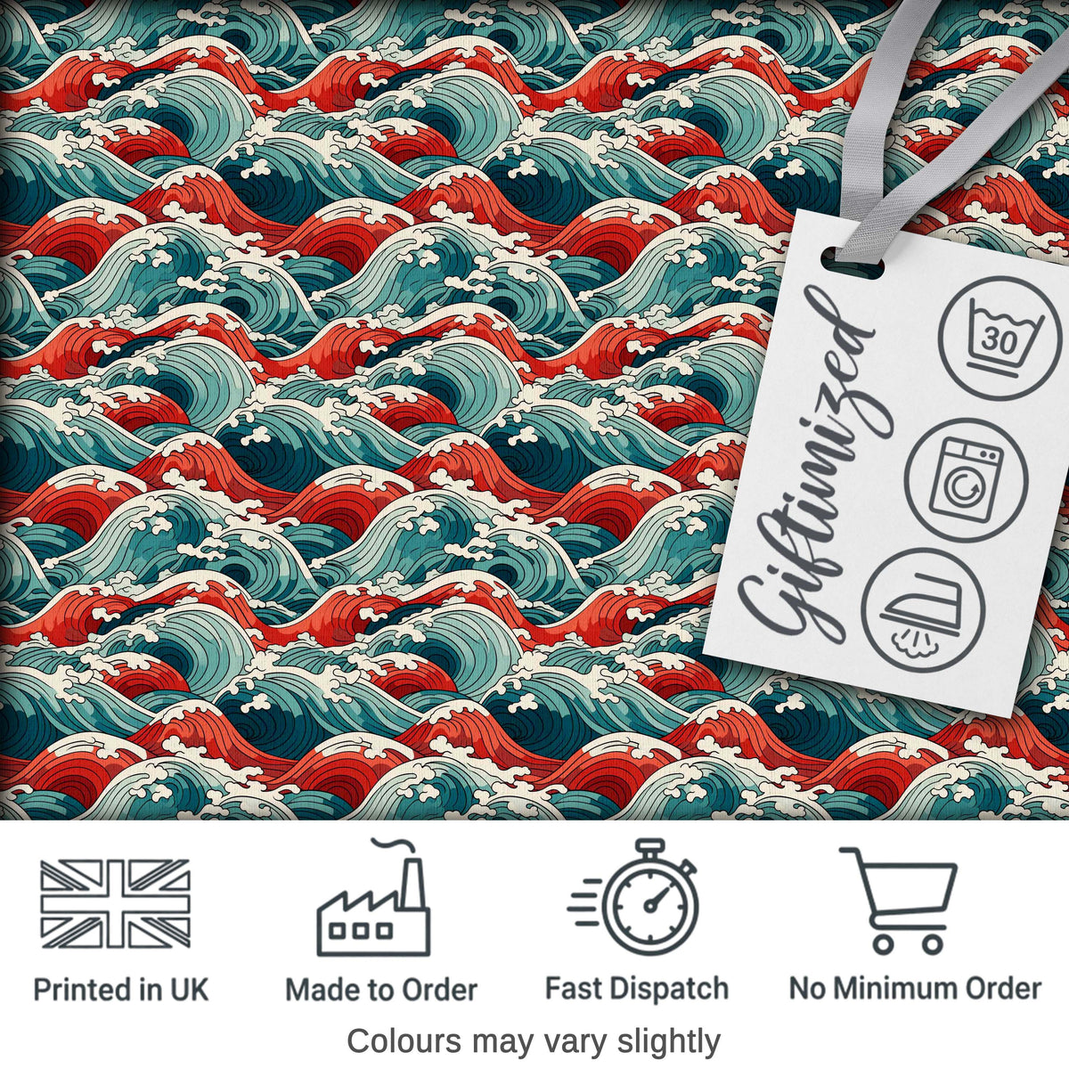Bold Red and Teal Ocean Waves Seamless Pattern Digital Print Fabric by the Metre UK Sewing Quilting Textile