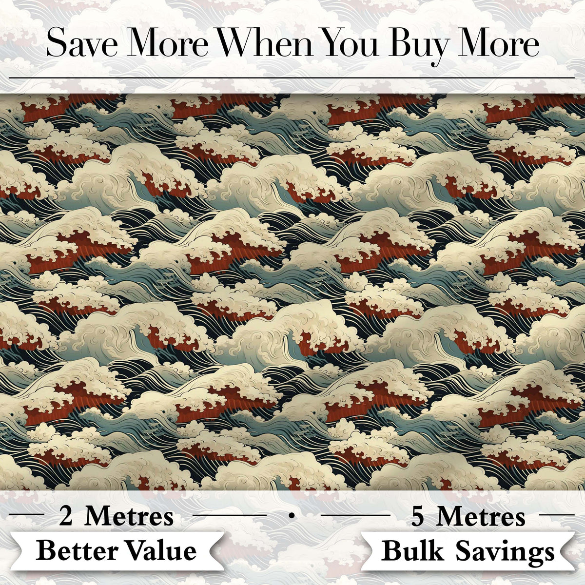 Dark Navy and Cream Japanese Waves Seamless Pattern Digital Print Fabric by the Metre UK Sewing Quilting Textile