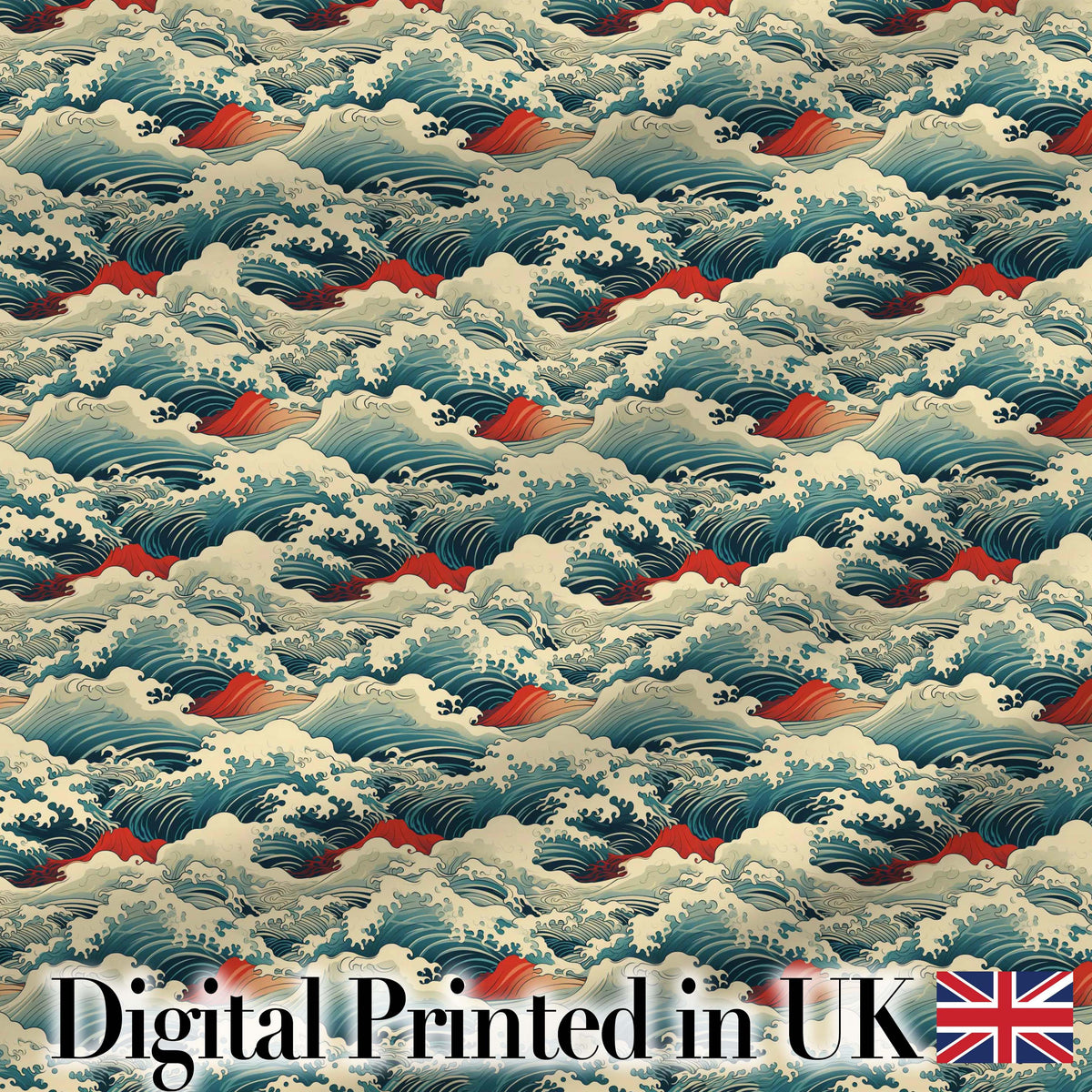 Japanese Ocean Waves with Red Accents Seamless Pattern Digital Print Fabric by the Metre UK Sewing Quilting Textile