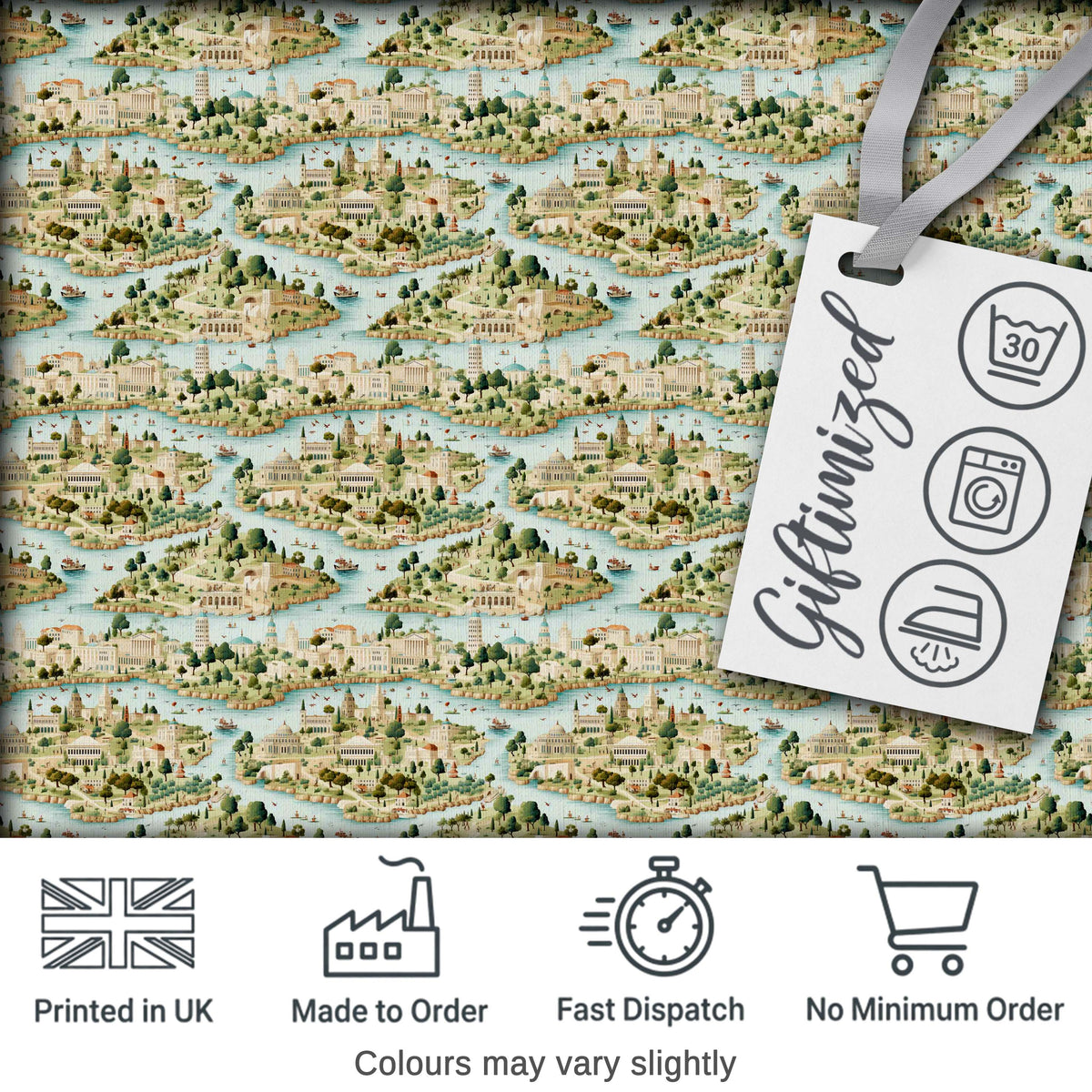 Mediterranean Coastal Town Scenic Seamless Pattern Digital Print Fabric by the Metre UK Sewing Quilting Textile
