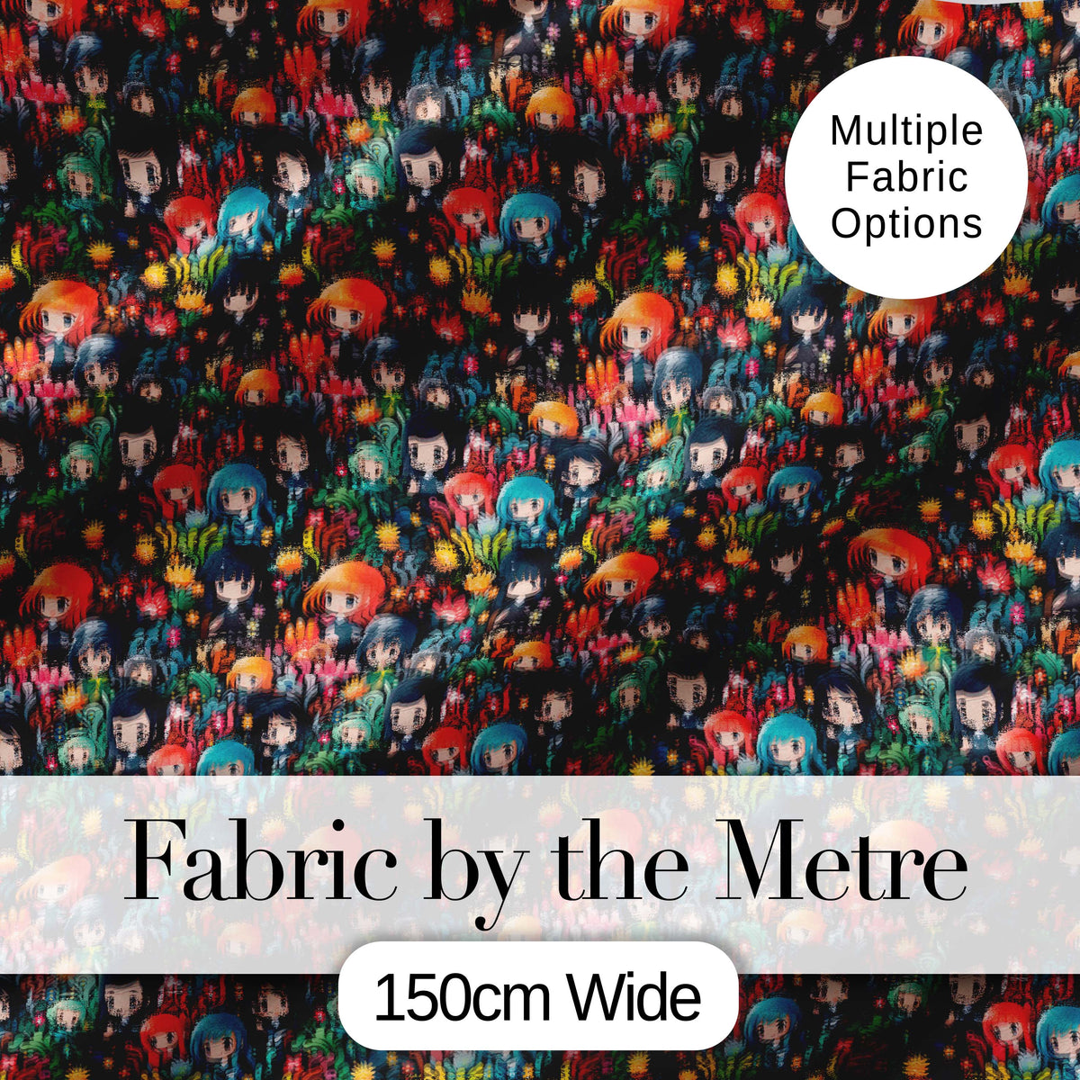 Colorful Anime Girls with Floral Garden Seamless Pattern Digital Print Fabric by the Metre UK Sewing Quilting Textile